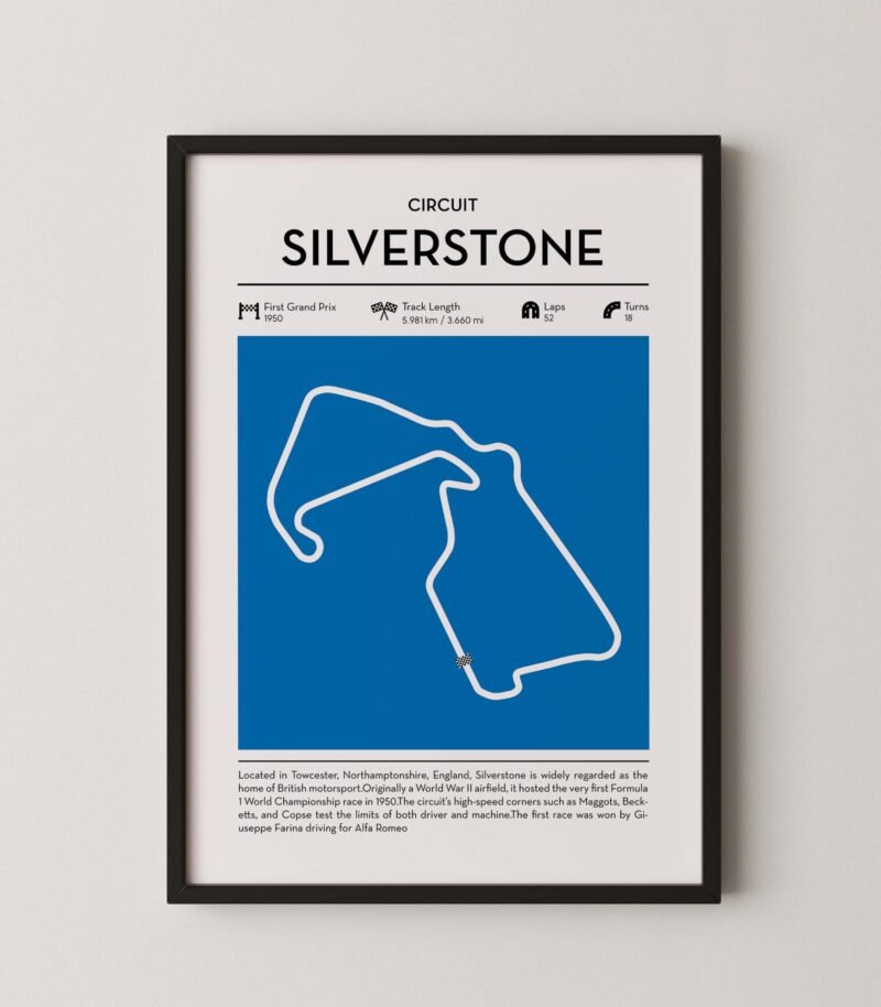 Silverstone racing circuit wall art featuring a clean and modern F1 track map layout
