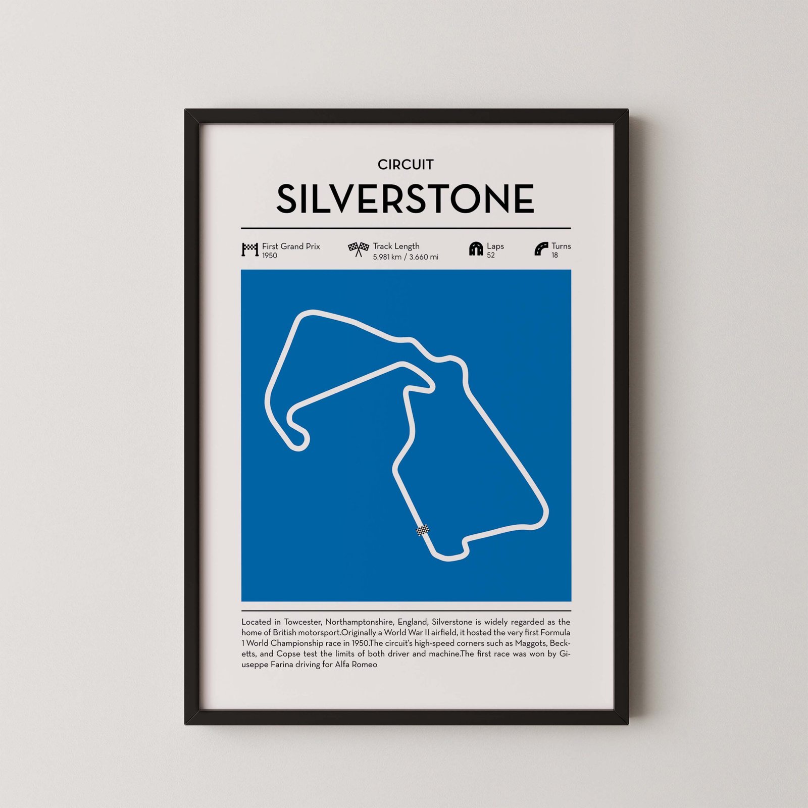 Silverstone racing circuit wall art featuring a clean and modern F1 track map layout