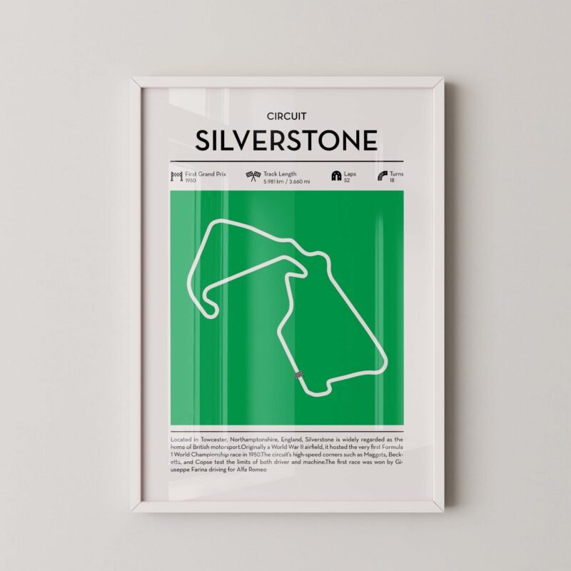Green Silversone Formula 1 track map artwork designed for racing and motorsport enthusiasts