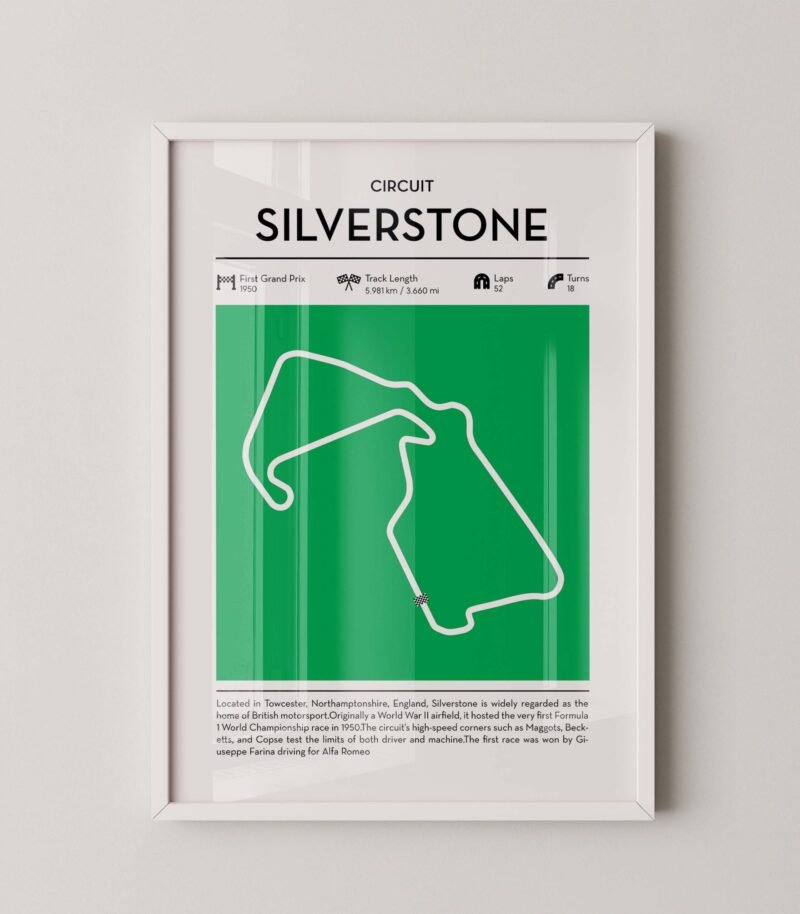 Green Silversone Formula 1 track map artwork designed for racing and motorsport enthusiasts