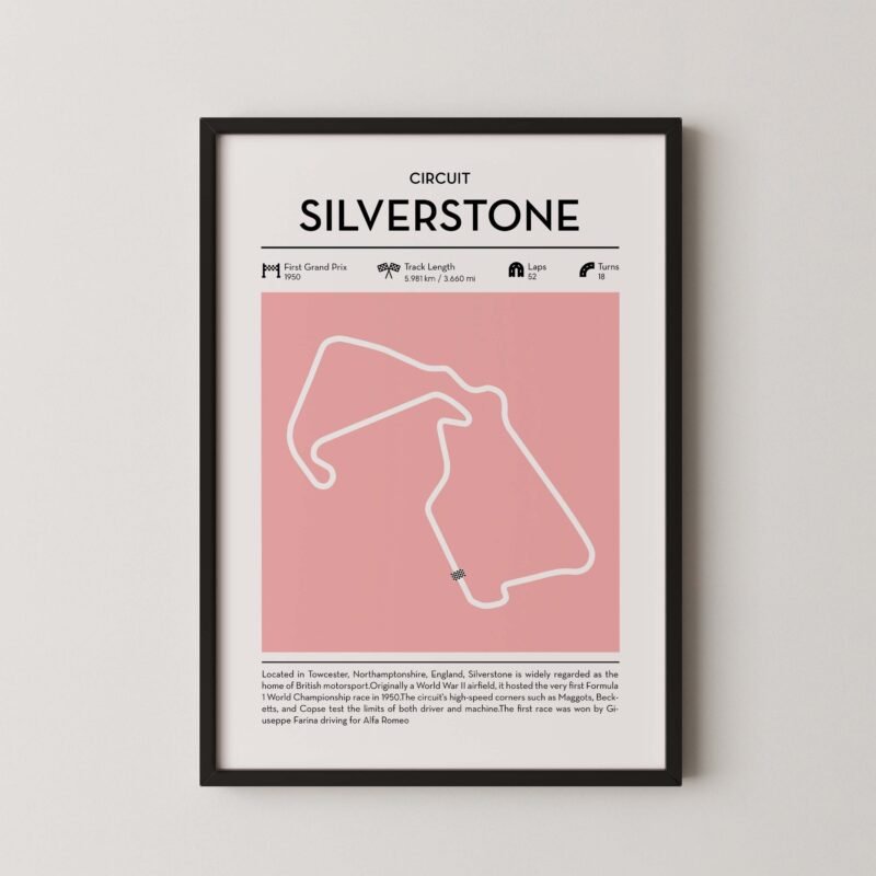 Modern Silverstone Grand Prix circuit poster with minimalist Formula 1 track design