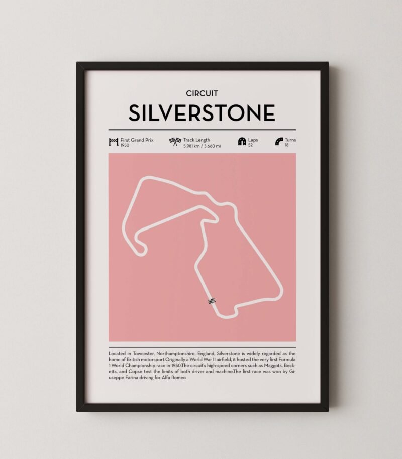 Modern Silverstone Grand Prix circuit poster with minimalist Formula 1 track design