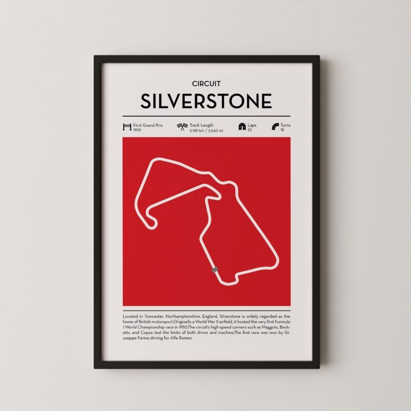 Silverstone Formula 1 circuit map poster in red color minimalist racing wall art