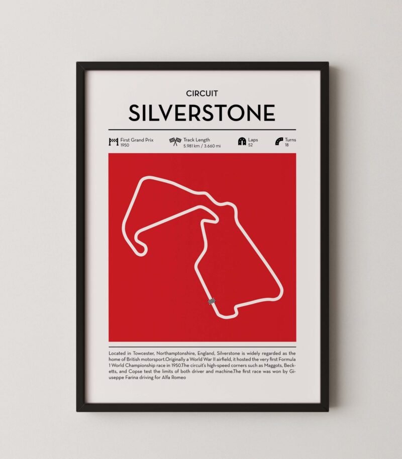 Silverstone Formula 1 circuit map poster in red color minimalist racing wall art