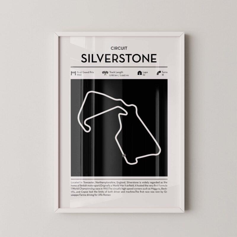 Minimal Silverstone F1 track layout poster for motorsport and racing fans