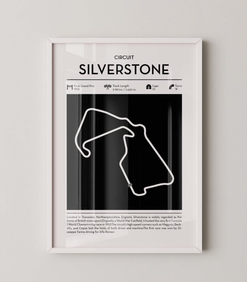 Minimal Silverstone F1 track layout poster for motorsport and racing fans