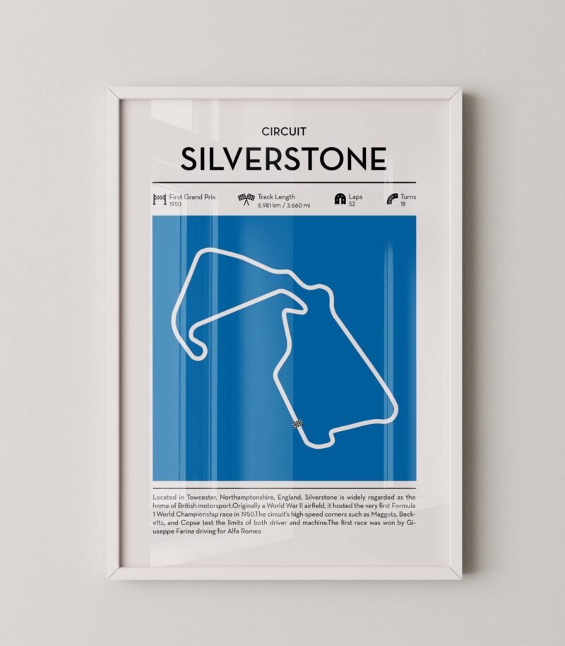 Silverstone racing circuit wall art featuring a clean and modern F1 track map layout
