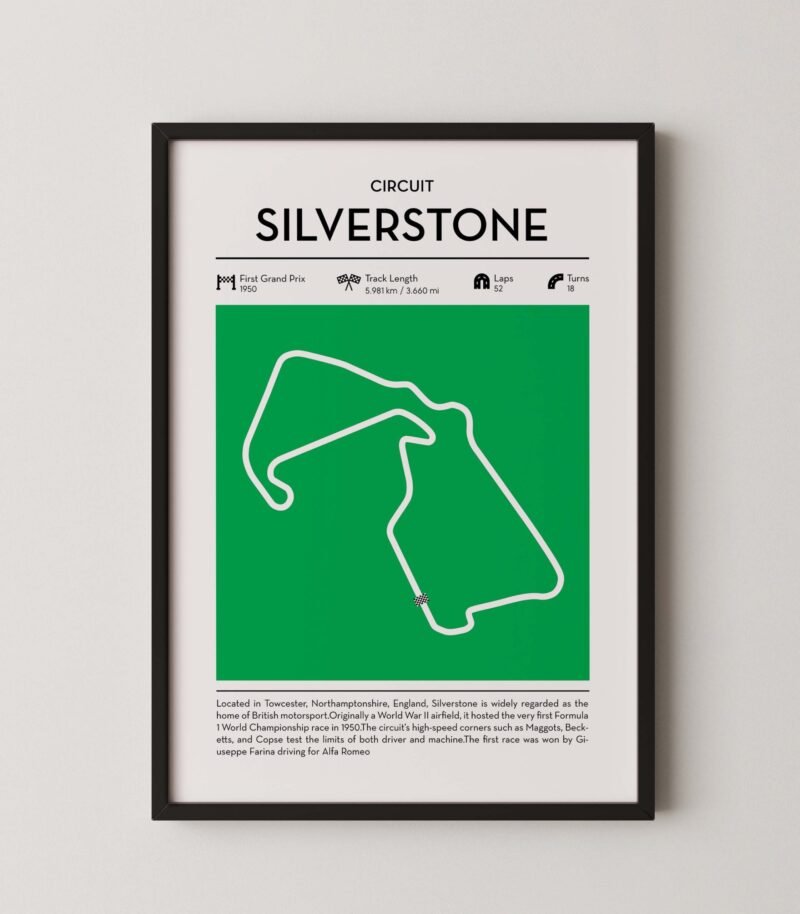 Green Silversone Formula 1 track map artwork designed for racing and motorsport enthusiasts
