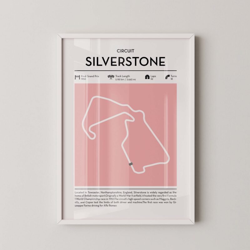 Modern Silverstone Grand Prix circuit poster with minimalist Formula 1 track design