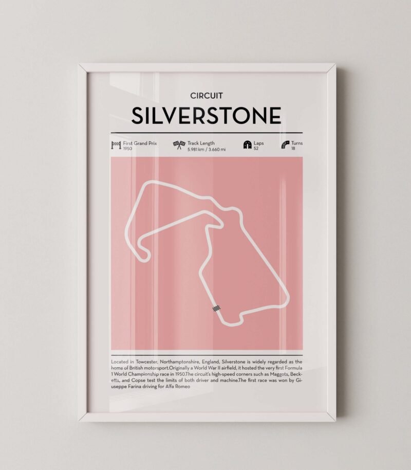Modern Silverstone Grand Prix circuit poster with minimalist Formula 1 track design