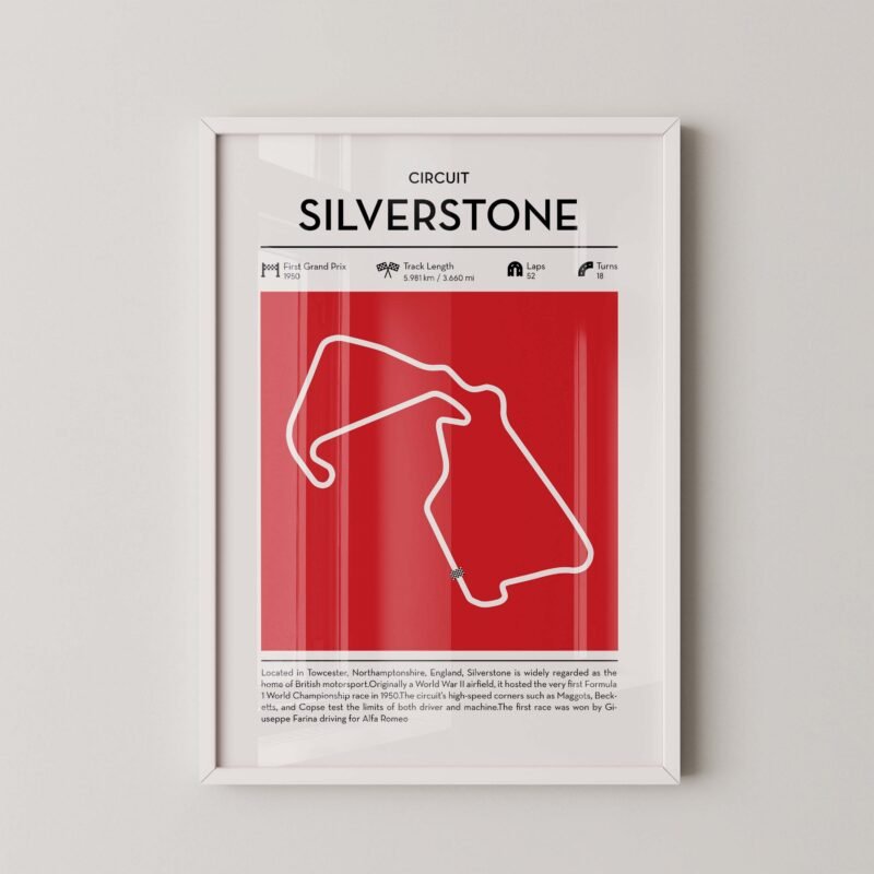 Silverstone Formula 1 circuit map poster in red color minimalist racing wall art