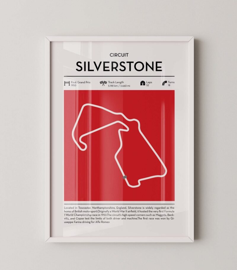Silverstone Formula 1 circuit map poster in red color minimalist racing wall art