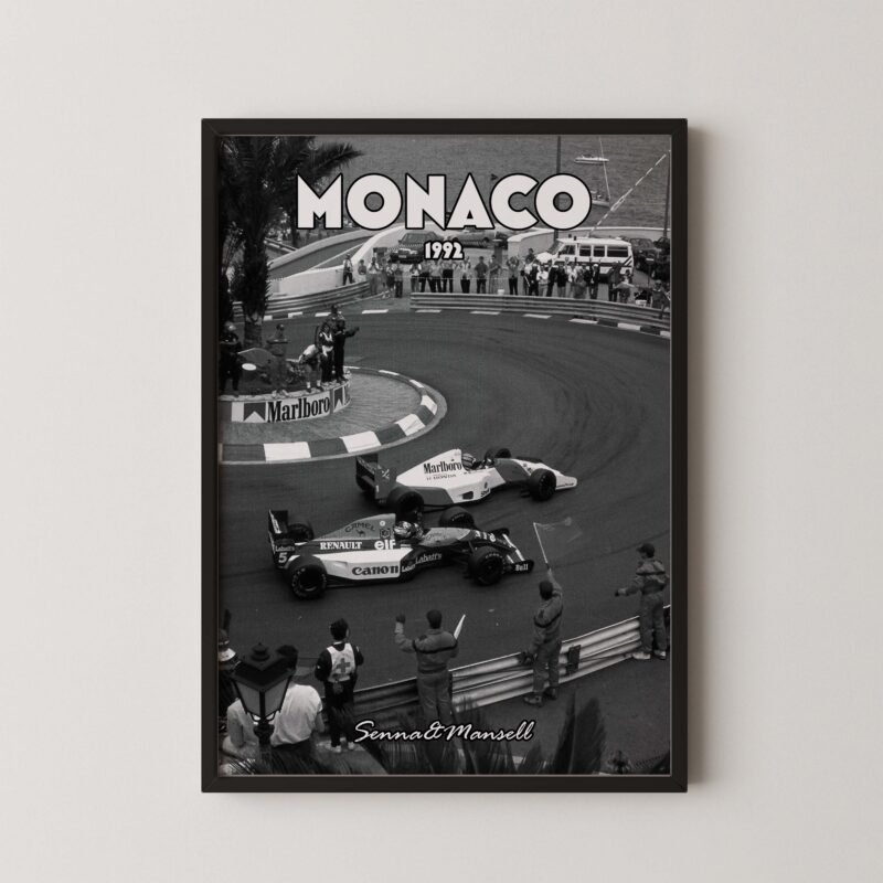 Monochrome vintage monaco grand prix poster senna and mansell