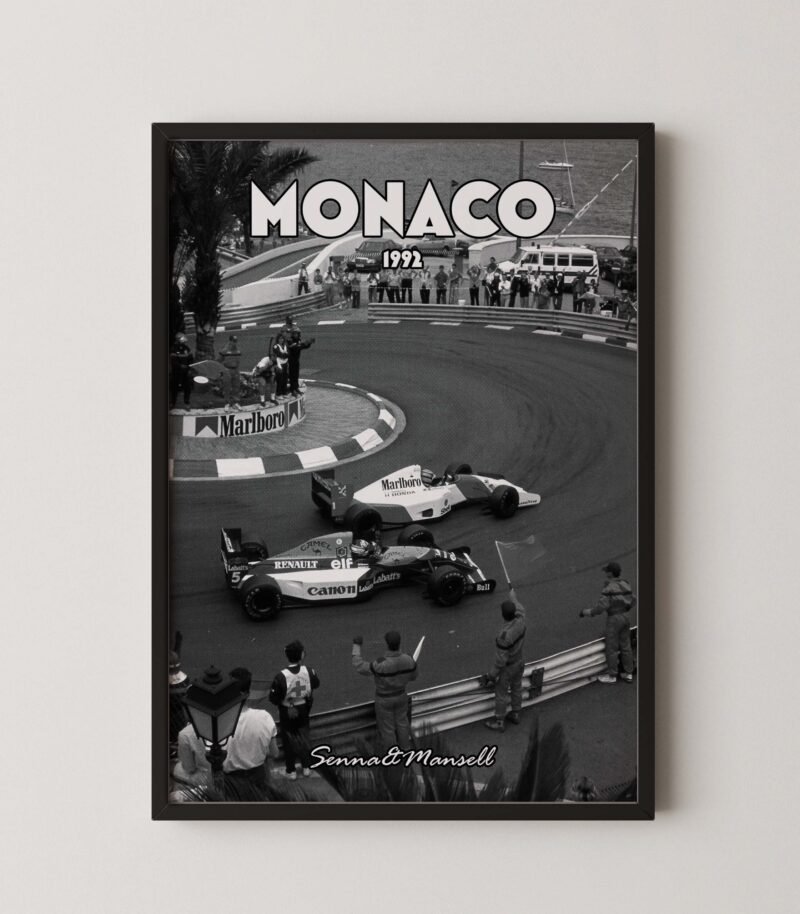 Monochrome vintage monaco grand prix poster senna and mansell