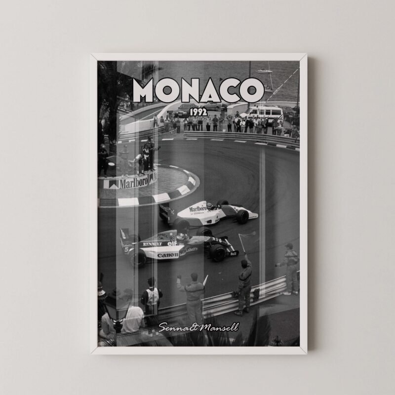 Monochrome vintage monaco grand prix poster senna and mansell