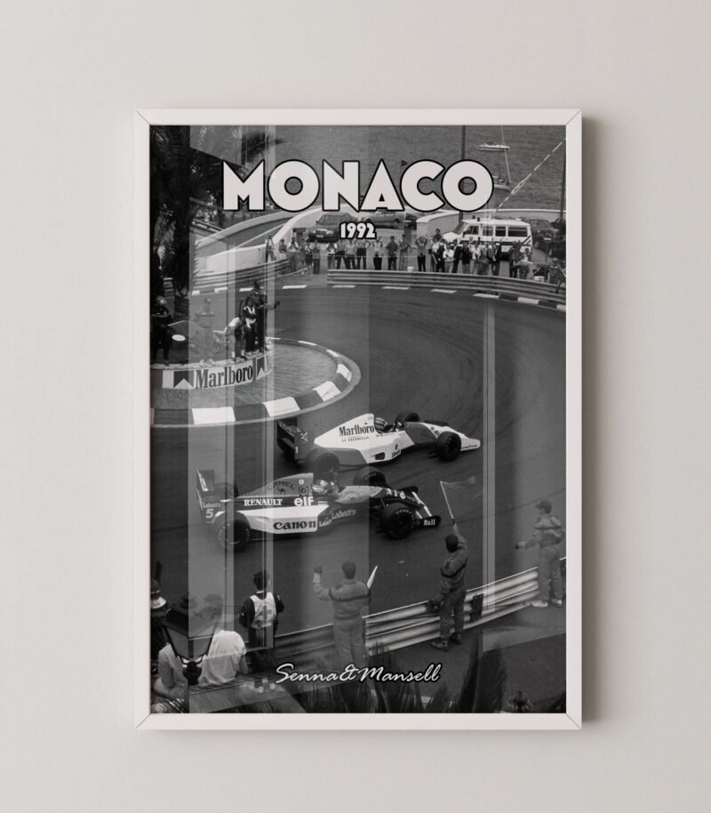 Monochrome vintage monaco grand prix poster senna and mansell